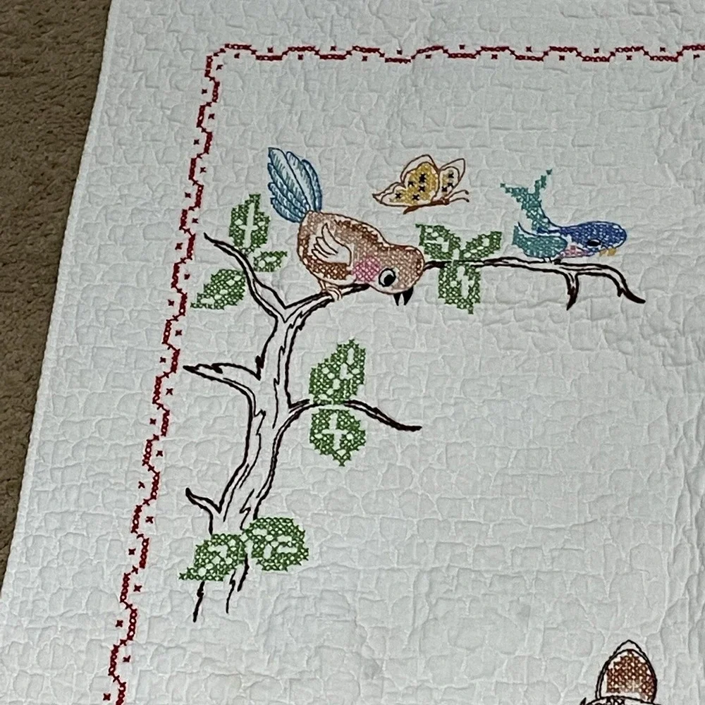 Vintage Bambi Cross Stitch Crib Quilt Handmade Thumper‎ Flower Baby 33 x 52 Inch